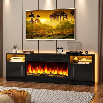 Tavata Fireplace TV Stand Entertainment Center with 36" Fireplace, 70" Wooden TV Stand for TVs Up to 80", Media TV Console with High Gloss Storage Cabinet and 16 Colors LED Lights (Black)