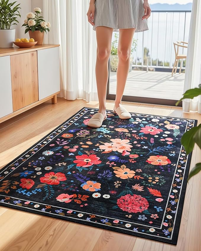 Macgace Black Floral Rug for Girls Bedroom, 3x5 Machine Washable Area Rugs with Non Slip Backingfor Living Room, Cute Flowers Carpet Kitchen Dining Room Kids Playroom Decor