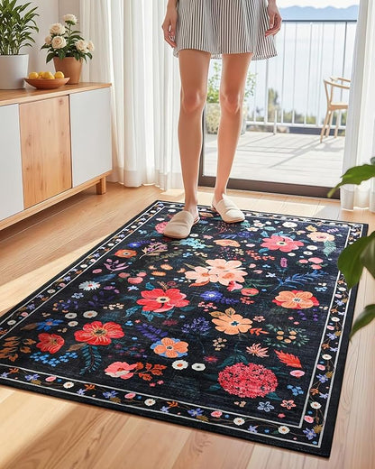 Macgace Black Floral Rug for Girls Bedroom, 3x5 Machine Washable Area Rugs with Non Slip Backingfor Living Room, Cute Flowers Carpet Kitchen Dining Room Kids Playroom Decor