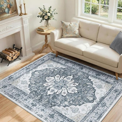 RELEANY Area Rugs 4'x5' Washable Non-Slip, Floral Vintage Distress Print Pattern Medallion Carpet for Living Room Bedroom Dining Room, Light Gray Grey White