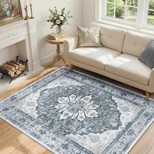 RELEANY Area Rugs 4'x5' Washable Non-Slip, Floral Vintage Distress Print Pattern Medallion Carpet for Living Room Bedroom Dining Room, Light Gray Grey White