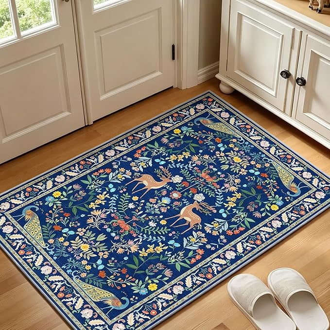 Lunasun 2x3 Washable Bathroom Rug, Small Throw Rugs for Kitchen, Powder Room, Front Door Indoor Entrance, Non Slip Low Pile Stain Resistant, Blue Colorful Floral Aethestic