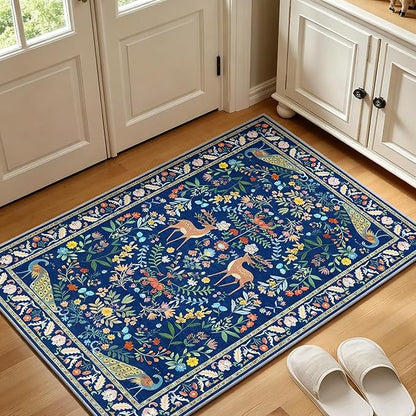 Lunasun 2x3 Washable Bathroom Rug, Small Throw Rugs for Kitchen, Powder Room, Front Door Indoor Entrance, Non Slip Low Pile Stain Resistant, Blue Colorful Floral Aethestic