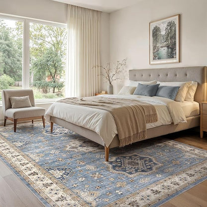EIEIHOUSE Washable Area Rugs for Living Room -10x12 Neutral Vintage Distressed Floral Farmhouse Boho Large Soft Floor Rug Indoor Non Slip Carpet for Living Room Bedroom Dining Room Office - Blue