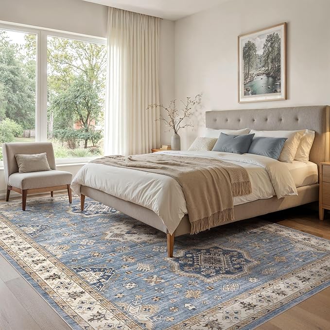 EIEIHOUSE Washable Area Rugs for Living Room -9x12 Neutral Vintage Distressed Floral Farmhouse Boho Large Soft Floor Rug Indoor Non Slip Carpet for Living Room Bedroom Dining Room Office - Blue