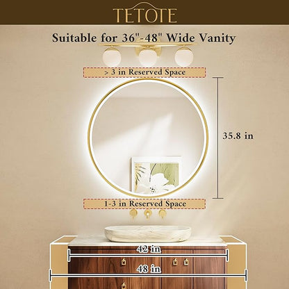 TETOTE Round Led Lighted Bathroom Mirror Matte Black Frame 36 Inch Front and Backlit Circle Round Light up Vanity Mirror with Lights, 3 Color Illuminated Dimmable Anti Fog Wall Mount, IP54 CRI 90+