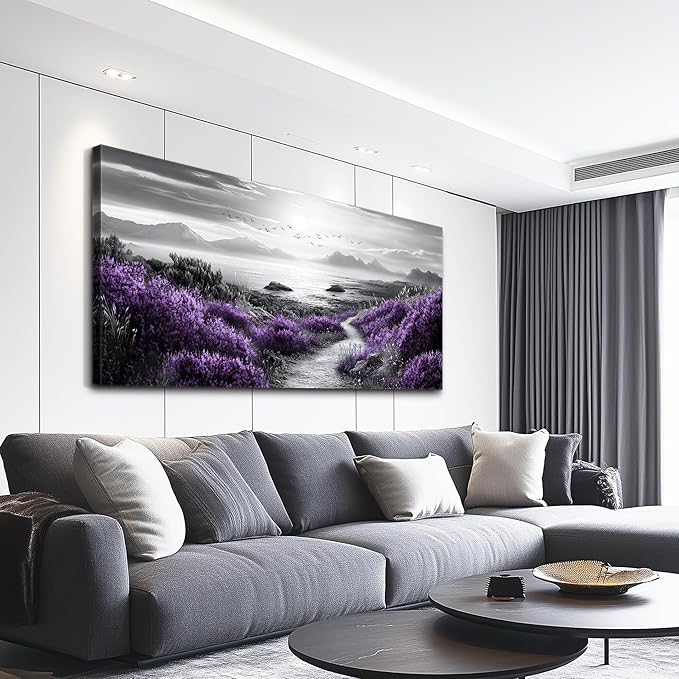 FUHAIHUA Large Wall Decor For Living Room Canvas Wall Art For Office Wall Decorations For Bedroom purple flowers Landscape Painting Black and white Pictures Artwork Room Home Decor 24x48 In