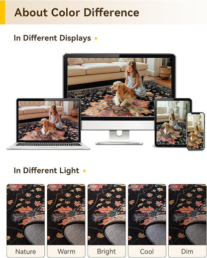 RELEANY Area Rugs 5'x7' Washable Non-Slip, Floral Vintage Distress Print Pattern Medallion Carpet for Living Room Bedroom Dining Room, Black Colorful Floral Dark Tan