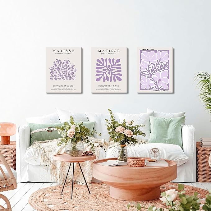Framed Purple Matisse Wall Art Set of 3, Abstract Henri Matisse Canvas Wall Decor Paintings, Light Purple Flower Market Room Aesthetic Posters Prints for Living Room Bedroom Bathroom 12x16 In