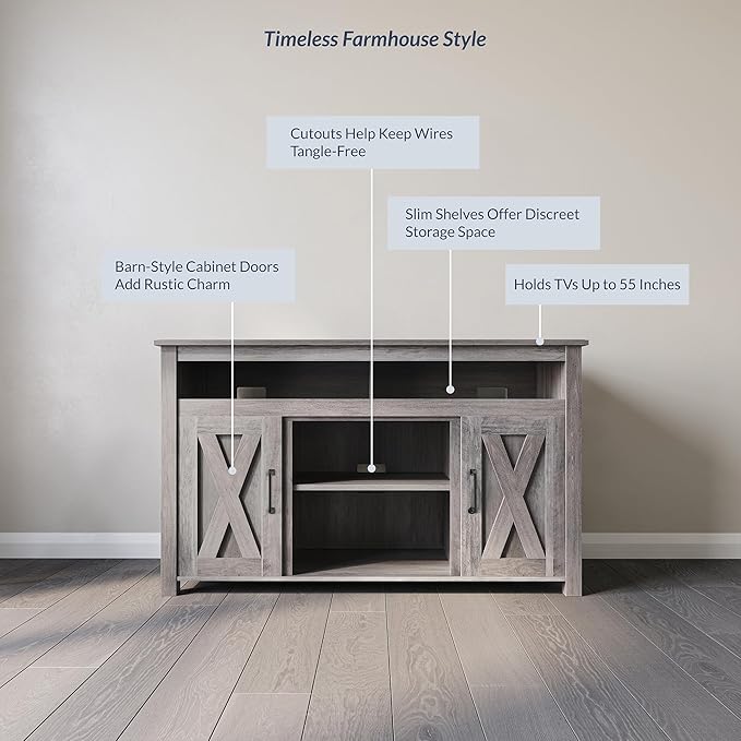 BELLEZE Modern 48 Inch Barn Door Wood TV Stand & Media Entertainment Center Console Table for TVs up to 50 Inches with Two Open Shelves and Cabinets - Corin (Gray Wash)