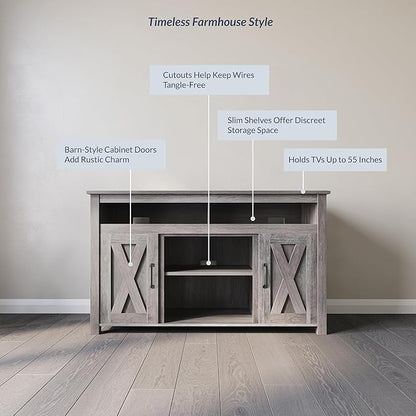 BELLEZE Modern 48 Inch Barn Door Wood TV Stand & Media Entertainment Center Console Table for TVs up to 50 Inches with Two Open Shelves and Cabinets - Corin (Gray Wash)