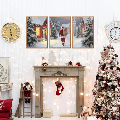 Aurlan Santa Claus is Coming to Town Framed Wall Art(12"x16"), 3PCS Vintage Christmas Winter Holiday Canvas Artwork, Large Xmas Snow Forest Cabin Cottagecore Decor for Home Office Bedroom