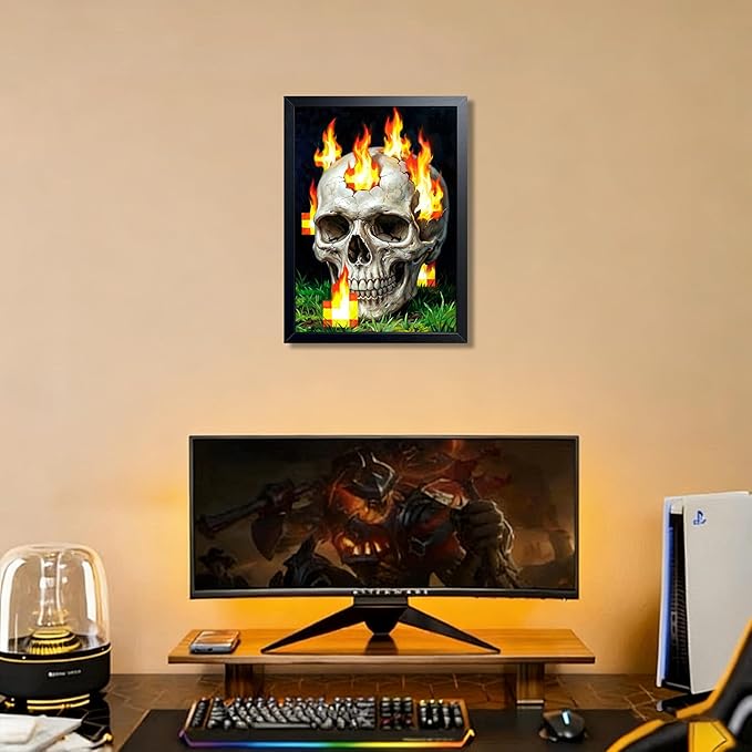 Burning Skull Wall Art, Gamer Style Wall Decor, With Pixel Fire Skull Canvas Print, Boys Room Decor, Dark Gothic Horror Painting Poster for Bedroom Game Room 12x16 Inch Wood Framed