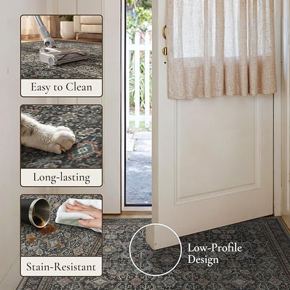 GENIMO 9x12 Area Rugs for Living Room, Machine Washable Non Slip Vintage Rugs, Low Pile Lightweight Chenille Print Rug for Bedroom, Dining Room, Home Office, Black
