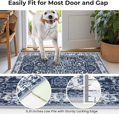 KOZYFLY Boho Area Rug 3x5 Ft Rugs for Entryway Washable Entry Rug Non Slip Door Mat Indoor Entrance Printed Faux Wool Throw Rugs for Entrance Kitchen Living Room, Navy/Grey