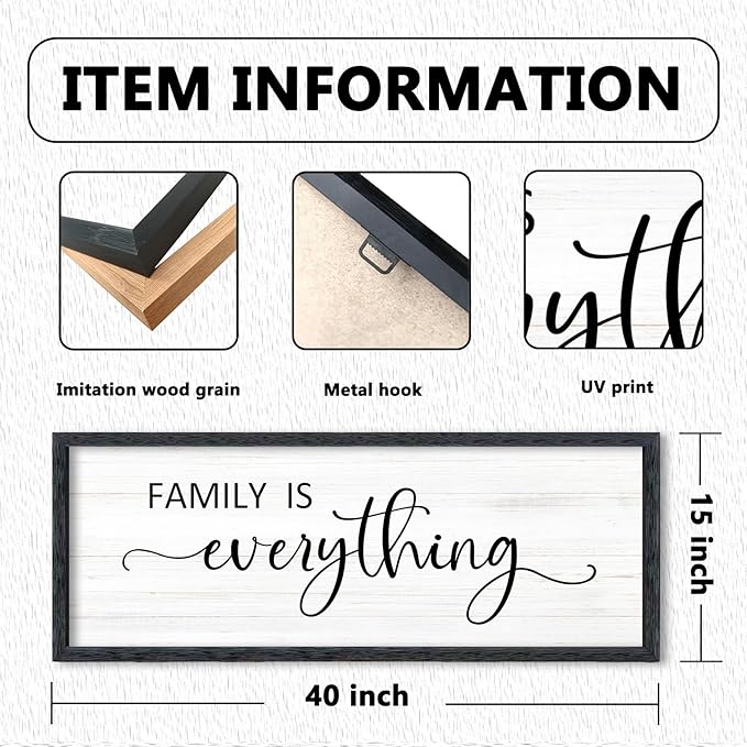 AuraPeak Family Is Everything Wall Decor Rustic Dining Room Sign for Horizontal Home Living Room Entryway Hallway Wood Hanging Plaque Wall Art Decoration (Black 40"×15")