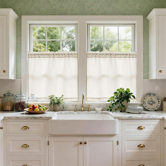 Natural Linen Kitchen Window Curtains Over Sink 36 Inch Length for Farmhouse Cafe Bathroom Small Window Drapes Cream Semi Sheer Light Filtering Privacy Small Curtains W34xL36