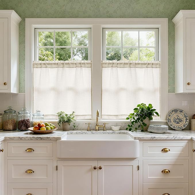 24 Inch Laundry Room Basement Window Curtains 2 Panels Natural Linen Rod Pocket Semi Sheer Light Filtering Drapes for Farmhouse Cafe Bathroom Short Curtains 24 Inches Long W34xL24