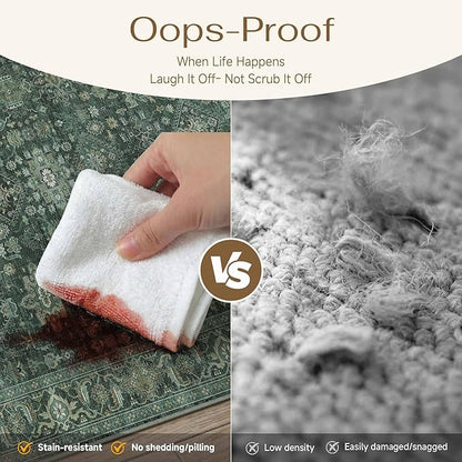 5x7 Washable Area Rug for Living Room Bedroom Vintage Green Soft Low Pile Carpet Traditional Retro Non Slip Throw Rug for Dining Room Entryway Indoor Dorm Kitchen