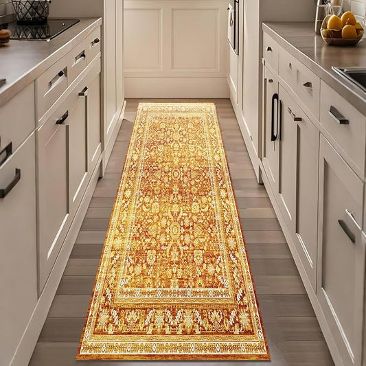 OPPODREAM Vintage Orange 2x8 Runner Rug, 2 x 8 Retro Washable Rug Non Slip, Low-Pile Faux Wool Carpet, Distressed Floor Mat for Kitchen, Hallway, Entry-Way, Entrance, Indoor Back Door