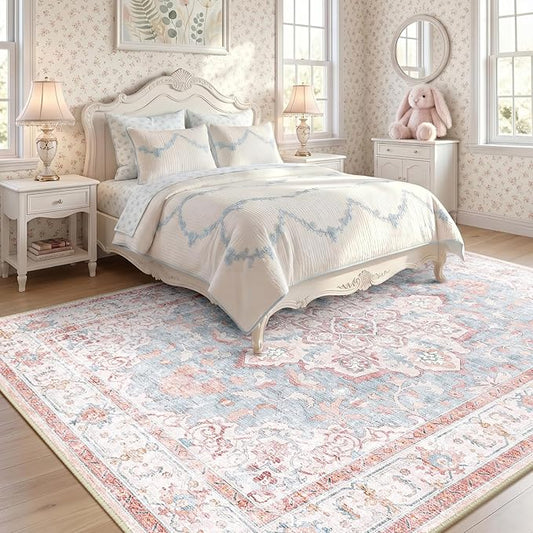 CAPALOCA Machine Washable Rugs Nursery Rug 6x9 Cute Girl Non Slip Low Pile Water Repellent Soft Print Pattern for Bedroom Indoor Decor Kids Playroom Pink Blue