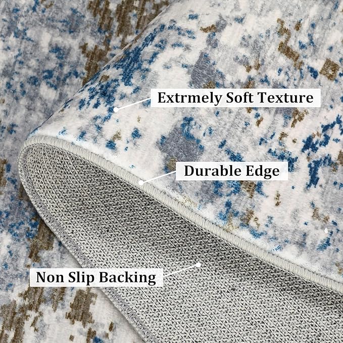 ROYHOME 9x12 Modern Abstract Accent Rug Non Slip Stain Resistant Throw Rug Low Pile Washable Indoor Floor Cover for Living Room Bedroom Office Home Decor, Navy