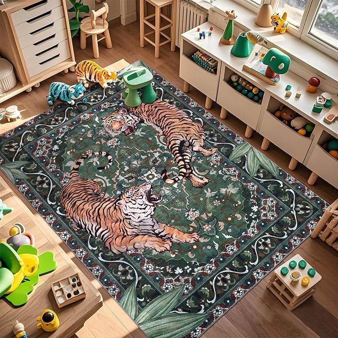 Tiger Washable Area Rugs 6x9 Green, Boho Accent Jungle Rugs for Living Room, Soft Bedroom Area Carpet, Thin Botanical Floor Carpets for Dining Room Nursery Dorm Kids Playroom Farmhouse Office