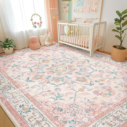 CAPALOCA Machine Washable Rugs Nursery Rug 9x12 Cute Girl Non Slip Low Pile Water Repellent Soft Print Pattern for Bedroom Indoor Decor Kids Playroom Pink Teal
