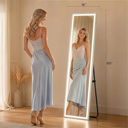 Full Length Mirror with LED Lights, 60"x16"Floor Mirror with Dimming & 3 Color Lighting, Free Standing Floor Mirrors, Lighted Full Body Mirrors for Bedroom, Dressing Room, Cloakroom