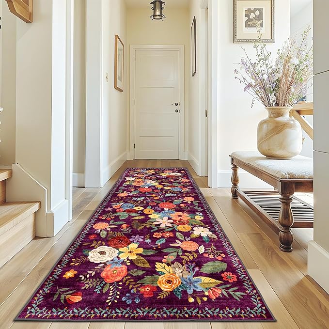Rug for Hallways Kitchen Rug 3x7, Non Slip Washable Runner Rugs with Rubber Backing Soft Floral Carpet for Hallways, Kitchen, Laundry, Bedroom, Bathroom (3 x 7, Purple)
