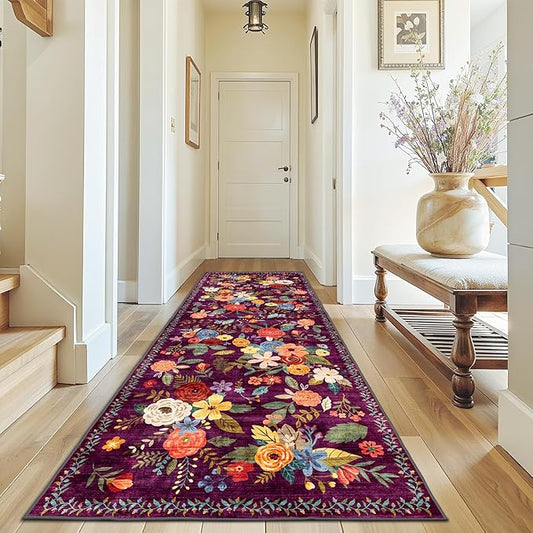 Rug for Hallways Kitchen Rug 3x7, Non Slip Washable Runner Rugs with Rubber Backing Soft Floral Carpet for Hallways, Kitchen, Laundry, Bedroom, Bathroom (3 x 7, Purple)