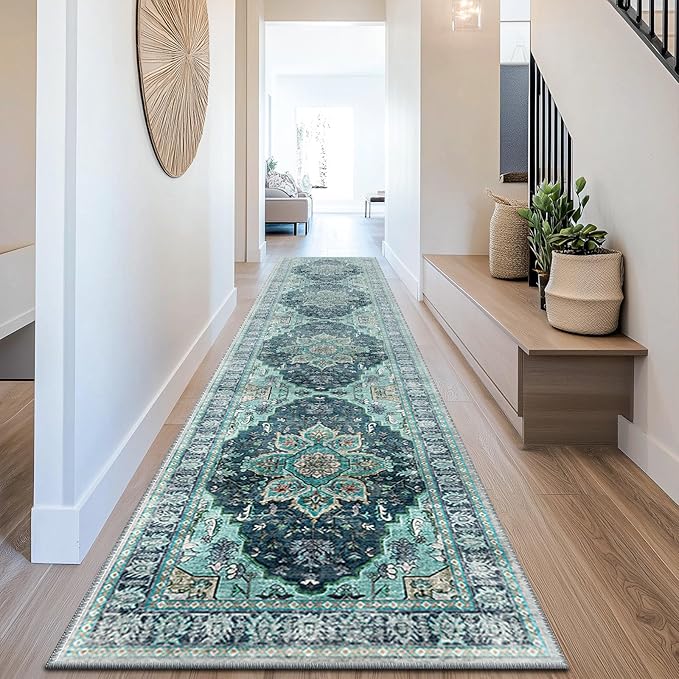BESTSWEETIE 2x10 Area Rug Washable Rugs for Living Room, No Pile Boho Carpet for Entryway Bedroom Dinning Room, Vintage Carpet Print Distressed Non-Slip, 2 x 10 ft, Teal Dark Green