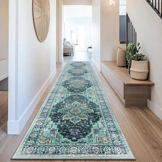 BESTSWEETIE 2x10 Area Rug Washable Rugs for Living Room, No Pile Boho Carpet for Entryway Bedroom Dinning Room, Vintage Carpet Print Distressed Non-Slip, 2 x 10 ft, Teal Dark Green