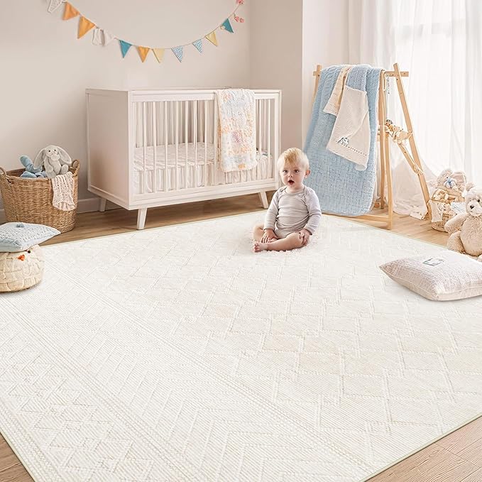 pmtsns 4x6 Geometric Rug: Washable Boho Moroccan Throw Rug Neutral Modern Farmhouse Indoor Soft Non Slip Ultra Thin Printed Pattern Rugs for Kitchen Bedroom (Beige, 4'x6')