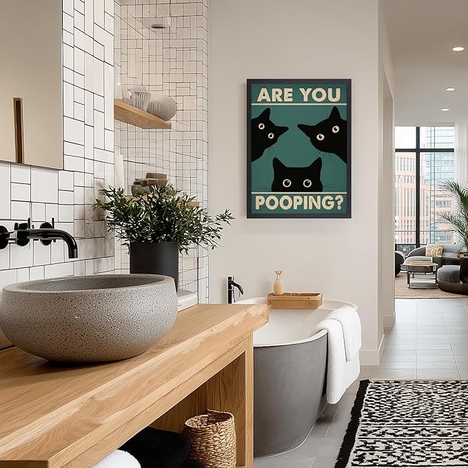 Cyebmo Funny Black Cat Bathroom Wall Art, Whimsical Toilet Humor Wall Decor, “Are You Pooping?” Cat Art Print, Three cats Poster Print for Restroom BathRoom Wood Framed Ready to Hang 16x24 Inch