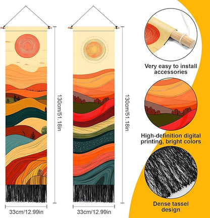 AOHMPT Pack of 2 Long Vertical Tapestry,Nature Landscape Tapestry with Serene Mountain River, Moon & Sun Motifs,Traditional Ink Painting Wall Art , Zen Aesthetic Wall Hanging for Living Room Bedroom Decor 13" W x 51" H"