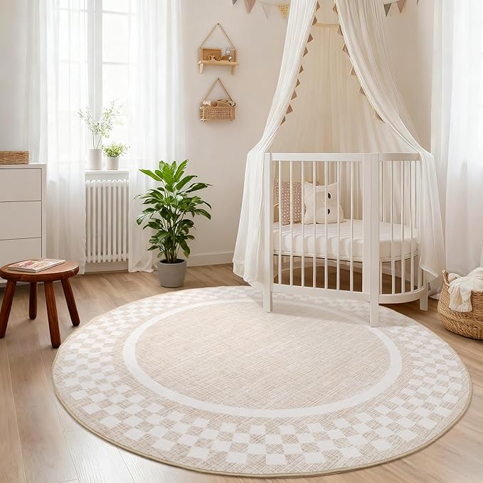 6ft Washable Round Rug for Entryway Modern Checkered Bedroom Circle Rug Non Slip Soft Dining Room Round Throw Carpet Large Stain Resistant Border Round Rugs for Living Room Kitchen Bathroom, Beige