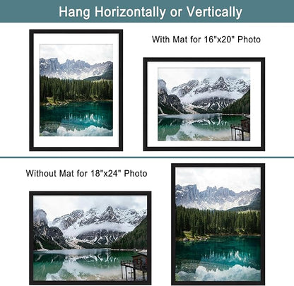 iRahmen 18x24 Picture Frame Set of 2 with Plexiglass, Black Poster Frame Display 16x20 Picture with Mat or 18 x 24 Without Mat, Wood Photo Frame for Gallery Wall Mounting Horizontal and Vertical