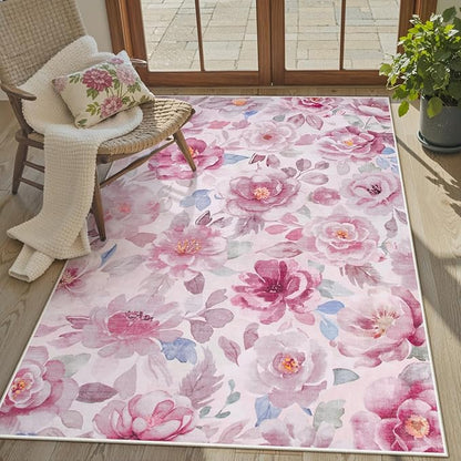 Lahome Floral 3x5 Area Rug for Bedroom, Non-Slip Entry Way Rugs Indoor Ulta-Thin Washable Stain Resistant Boho Throw Rugs for Bathroom Bedroom Vanity（3x5,Pink
