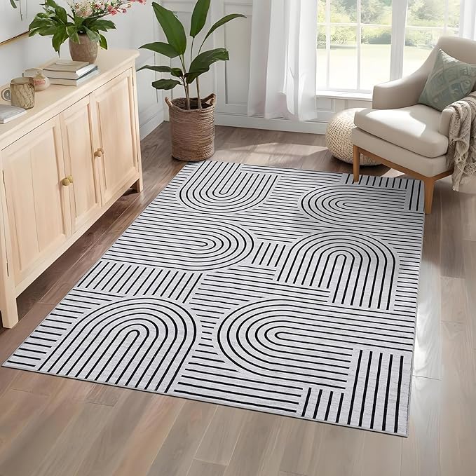 ROYHOME Washable Rug 5x7 Area Rugs for Living Room, Abstract Rug for Bedroom, Soft Rainbow Non Slip Rugs with Rubber Back, Low Pile Stain Resistant Boho Geometric Carpet for Dining Room, Blackwhite