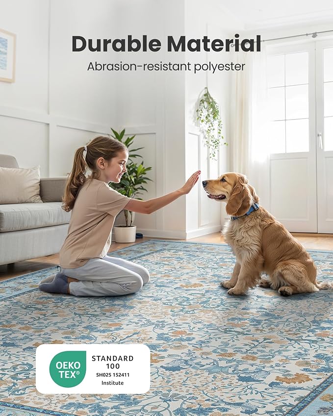 AMADA HOMEFURNISHING 8x10 Washable Area Rugs for Living Room, Non-Slip & Low-Profile Floral Large Area Rug with Durable Edge Binding, Soft Rugs for Living Room, Bedroom, Dining Room