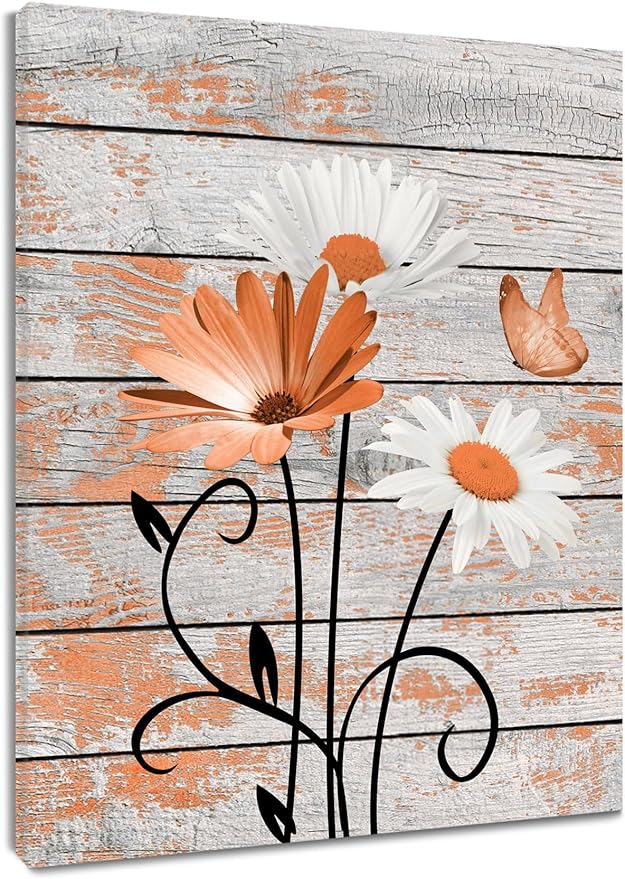 HVEST Farmhouse Orange Floral Wall Art for Living Room, Daisy Flower and Butterfly on Rustic Wood Pictures Wall Decor Nature Plant Framed Canvas Wall Art for Bedroom Bathroom Decor,10L X 8W inches
