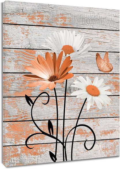 HVEST Vintage Floral Orange Canvas Wall Art Daisy and Butterfly on Farmhouse Wooden Wall Decor for Bedroom, Country Wildflower Framed Wall Art for Living Room Office Dorm Home Decor,24L X 16W inches
