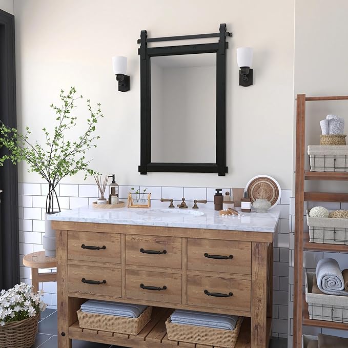 Besdomus Black Bathroom Farmhouse Mirror: 24"x36" Barn Door Rustic Solid Cedar Wood Frame - Wall Vanity Mirror for Bathroom Over Sink/Entryway/Living Room - Home Decor for Modern Farmhouse Enthusiast