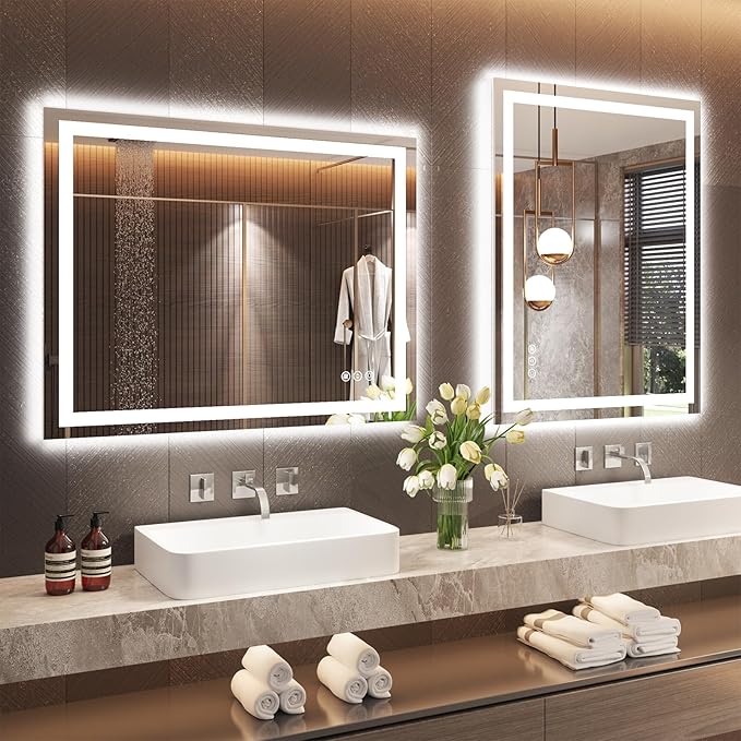 Snowdool 28"X36" LED Bathroom Mirror with Front Lights and Backlit, Anti-Fog, Dimmable, Shatter-Proof Tempered Glass, Lighted Bathroom Vanity Mirror for Wall with 3 Colors, Memory Function