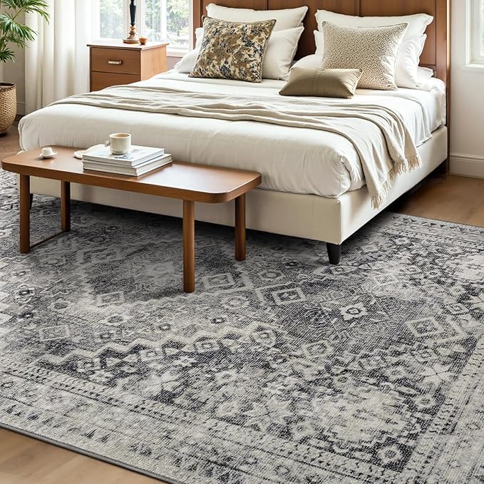 YOH Boho Washable Rug 4x6, Taupe Gray Vintage Non Slip Area Rug, Distressed Indoor Carpet for Living Room Bedroom Kitchen Office