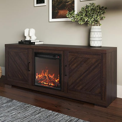 BELLEZE Modern 58" Farmhouse TV Stand with 18" Electric Fireplace Heater & Media Entertainment Center for TV up to 65", Console Table with Storage Cabinets - Hilo (Espresso)