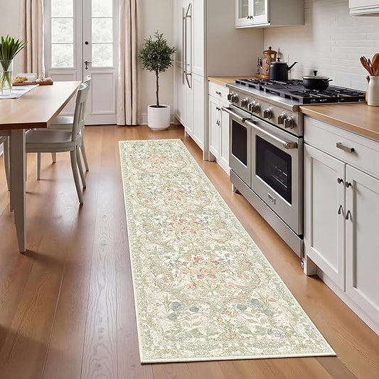 Vintage Sage Green 2'6" x 8' Runner Rug for Hallway, Kitchen, Bathroom, Entryway Indoor, Washable Non Slip Rubber Backing Stain Resistant - Botanical Home Decor