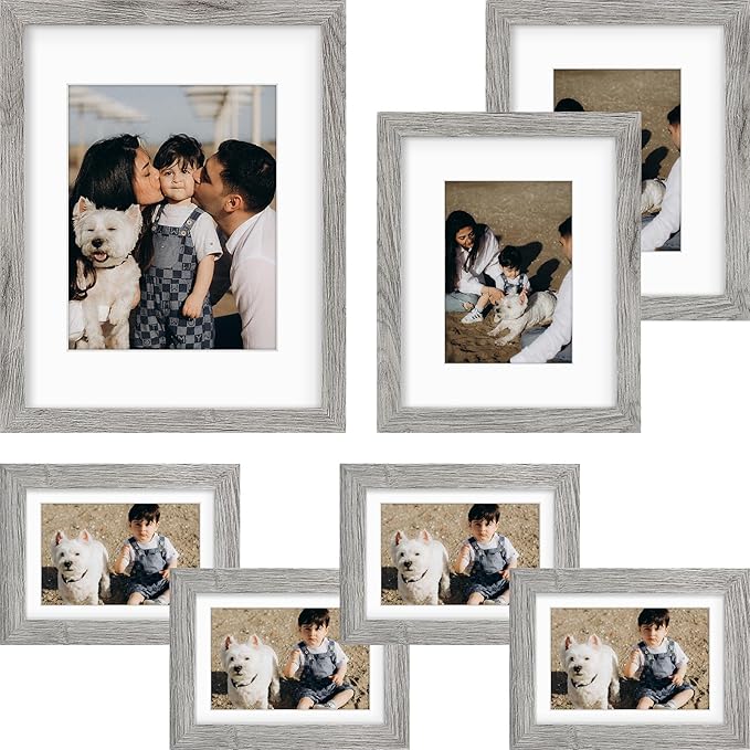 Frametory, Gallery Wall Frame Set of 7 Multiple Sizes 11x14, 8x10, 5x7 Picture Frame Collage with White Mat for Prints, with Real Glass (Grey)
