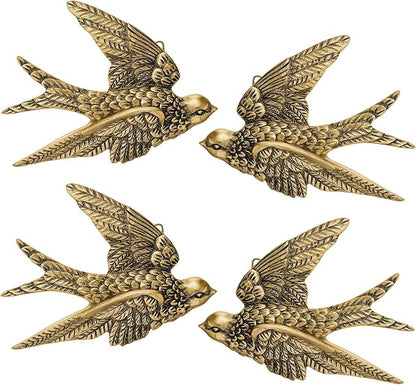 4 Pcs Vintage Bird Wall Sculpture Decor Art 4.7 Inch Antique 3D Sculpted Hanging Bird Resin Wall Art Golden Brass Floating Ornament for Living Room Garden Outdoor, Gifts for Couples Housewarming